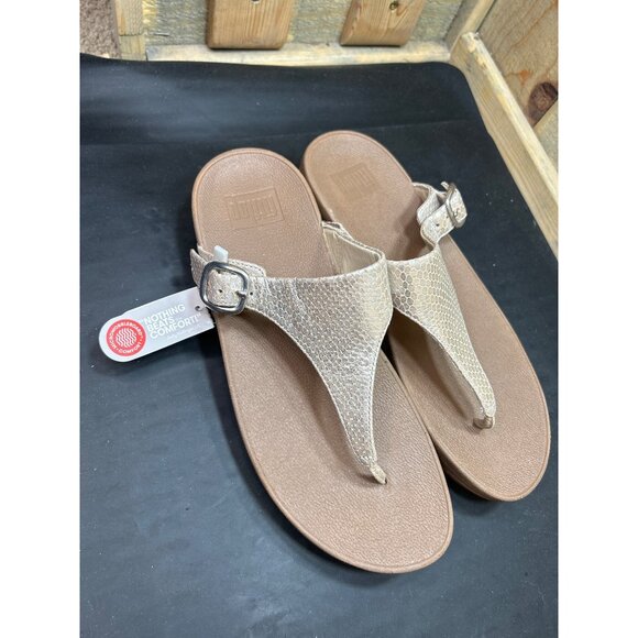 FitFlop Womens Size 8 Snake-Print Tan Leather Thong Sandals NWT Gold - Picture 1 of 8